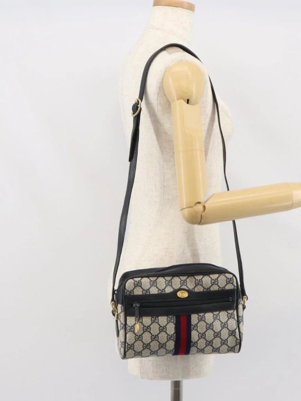 GUCCI GG Supreme Sherry Line Shoulder Bag PVC Red Navy